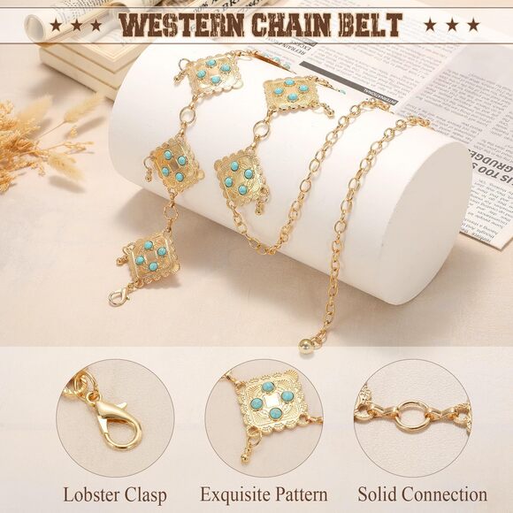 Western Metal Concho Belt For Women Vintage Cowgirl Boho Turquoise Chain Belts🐺 - Picture 2 of 7